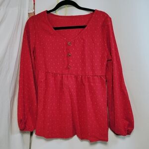 women Casual Lantern Long Sleeve Swiss Dot Red Blouse Sheer V Neck Size Small